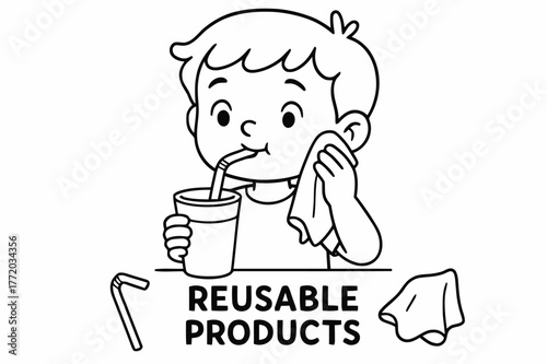 Eco-Friendly Kids Coloring. Reusable products children?s coloring book illustration, outlined drawing, a picture of a child using a reusable straw and a cloth