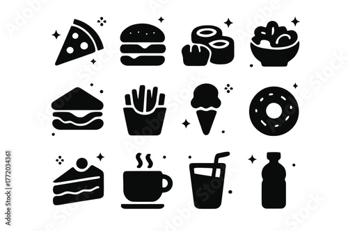 Solid Food Icons. Food. Solid icons set of Food: pizza, burger, sushi, salad, sandwich, fries, icecream, donut, cake, coffee, juice, water. Filled icons set in