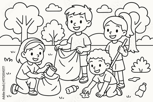Park Cleanup Coloring. Conservation children?s coloring book illustration, outlined drawing, a group of kids cleaning up a park, educational design for kids,