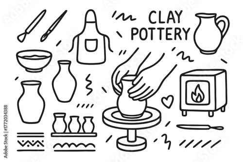 Clay Pottery Doodle. Clay pottery. Hand-drawn doodle illustration clay pottery spinning wheel, clay vase, jug, sculpting hands, water bowl, carving tool,