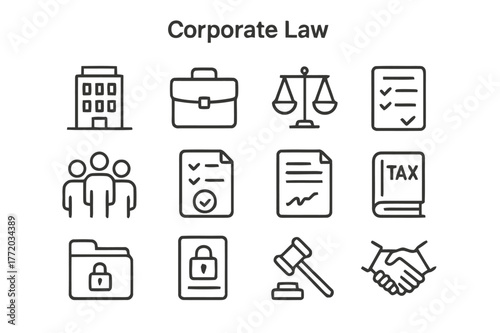 Corporate Law Icon Set. Corporate Law. Line icon set of Corporate Law: building silhouette, briefcase, balance scale, business contract, legal team, compliance