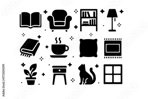 Literary Nook Icons. Literary Nook. Solid icons set of Literary Nook: book, armchair, bookshelf, lamp, blanket, coffee cup, cushion, rug, plant, side table,