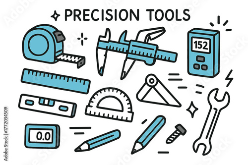 Precision Tools Doodle. // Precision tools. Hand-drawn doodle illustration Precision tools [tape measure (accented), caliper (accented), ruler (accented),