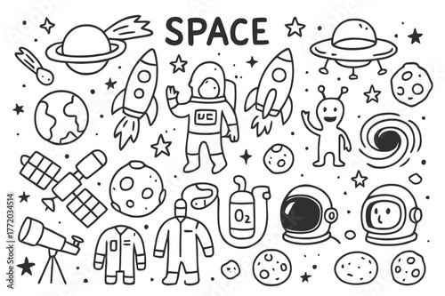 Space Doodle Illustration. Space. Hand-drawn doodle illustration Space planets, stars, rockets, astronauts, aliens, spaceships, galaxies, black holes, comets,