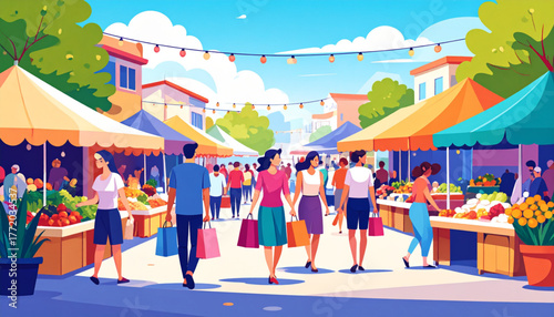 Vibrant Street Market Shopping in Vector Art Style