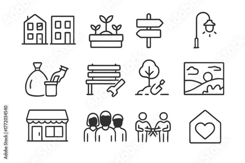 Neighborhood Revitalization Icons. Neighborhood Revitalization. Line icon set of Neighborhood Revitalization: before after buildings, community garden,