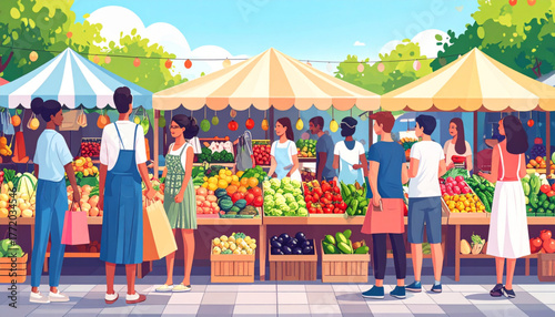 Vibrant Street Market Shopping in Vector Art Style