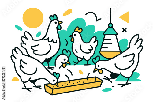 Geometric Poultry Farm. Poultry Farm. Chickens clustered near feeding troughs with floating abstract geometric shapes, lively and energetic farm scene. Modern