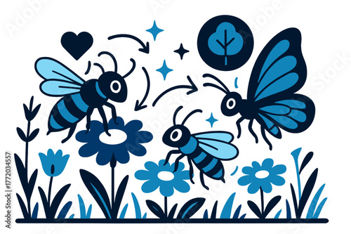 Meadow Pollinators in Motion. Ecology. Pollinator insects visiting flowers in meadow with abstract floating icons, arrows, and sparkles; emphasizes