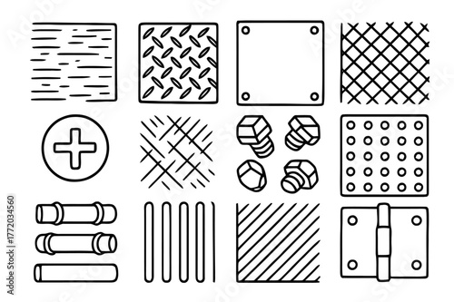 Metal Texture Doodles. Metal textures. Hand-drawn doodle illustration metal textures brushed steel, grid plate, rivets, mesh, screw head, scratched surface,