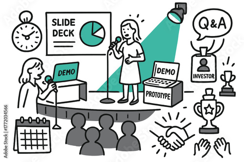 Female Founder Pitch. // Female founder pitch. Hand-drawn doodle illustration Female founder pitch [microphone (accented), slide deck (accented), demo laptop,