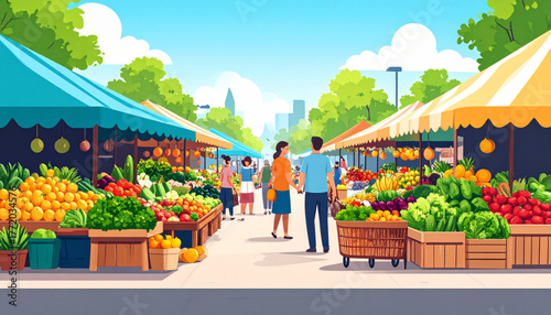 Vibrant Street Market Shopping in Vector Art Style