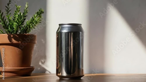 Shiny can beside potted plant, in shadow. Sunlight adds contrast to scene