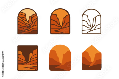 Canyon Logo Variations. Desert canyon. Set Logo of Desert canyon: layered sandstone strata. harmonious logo variations of the same emblematic concept, each