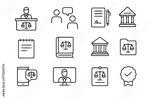 Legal Icon Set. Legal Consultation. Line icon set of Legal Consultation: lawyer desk, client conversation, contract, notepad, pen, law book, courthouse icon,