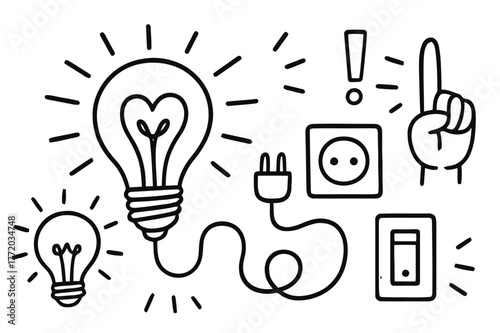Idea Symbol Doodle. Light bulb. Hand-drawn doodle illustration light bulb glowing bulb, filament, idea symbol, spark lines, plug, switch, socket, wire, hand