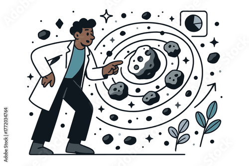 Asteroid Hologram Study. Asteroid belt studies. Researcher pointing at asteroid belt hologram with abstract floating orbit lines, stars, and asteroids; conveys