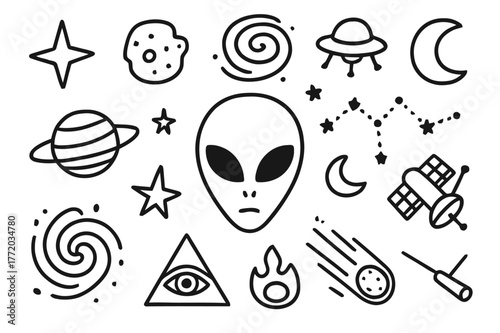 Extraterrestrial Doodle Icons. Extraterrestrial art. Hand-drawn doodle illustration extraterrestrial art alien mask, star, ringed planet, UFO, laser brush,