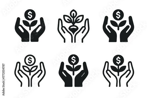 Microfinance Logo Variations. Microfinance. Set Logo of Microfinance: small seed coin in nurturing hands. harmonious logo variations of the same emblematic