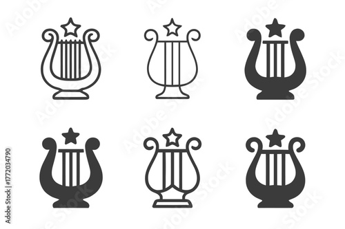Lyra Constellation Logos. Lyra constellation. Set Logo of Lyra constellation: lyre harp with star. harmonious logo variations of the same emblematic concept,