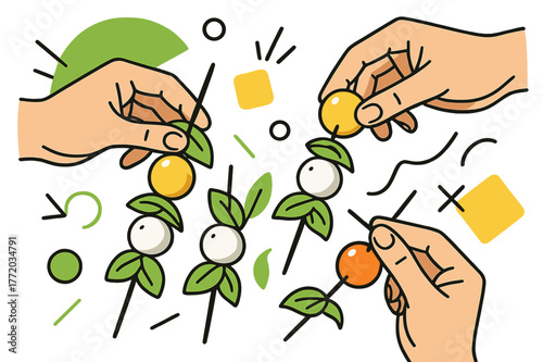 Caprese Skewers Creation. Caprese Skewers. Hands assembling caprese skewers with cherry tomatoes, mozzarella balls, and basil with floating abstract geometric