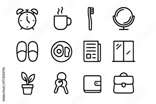 Morning Icons Set. Morning Routine. Line icon set of Morning Routine: alarm clock, steaming mug, toothbrush, mirror, slippers, breakfast plate, newspaper,