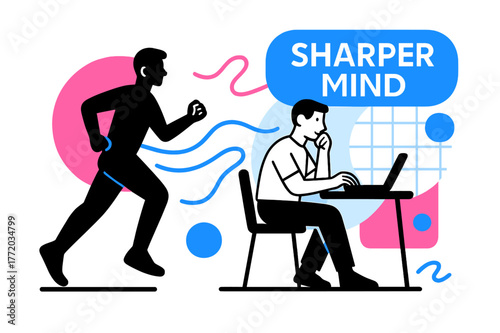 Mindful Focus Shift. Focus & Productivity. A jogger silhouette transitions into a person at a desk; energy lines flow from motion to mindset. ?Sharper Mind?