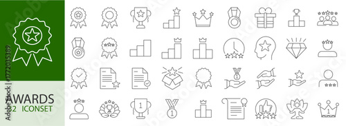 Award and Achievement Icon Set – Line Art Collection of Medals, Trophies, Badges, Crowns, Certificates, and Success Symbols
