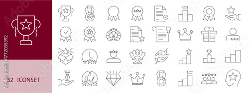 Award and Achievement Icon Set – Line Art Collection of Medals, Trophies, Badges, Crowns, Certificates, and Success Symbols