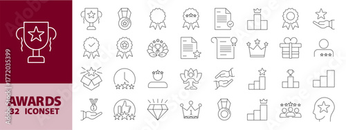 Award and Achievement Icon Set – Line Art Collection of Medals, Trophies, Badges, Crowns, Certificates, and Success Symbols