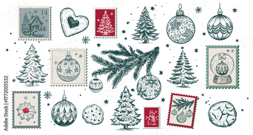 Christmas Stamps, cookie, tree, ball, set on white, Hand drawn illustration	

