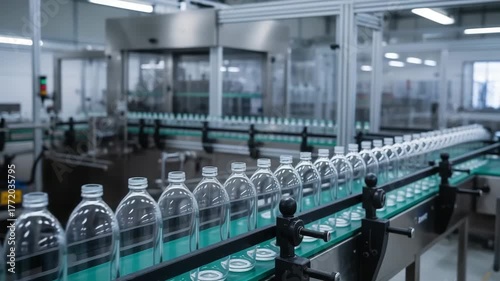 The general plan of the modern industrial workshop, where an automated glass container production line and packaging of transparent glass bottles of the same shape and size are located