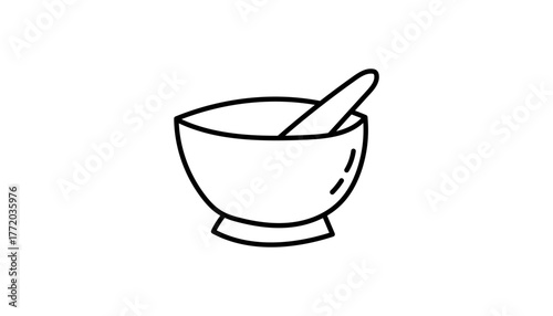 An apothecary mortar with pestle, grind and herbs inside. This kitchen tool connects witchcraft, pharmacy and magic use. Occult mystic esoteric imagery links astrology and moon.