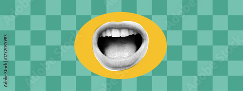 Pop art rockstar with open screaming mouth and punk vintage background. This retro abstract composition captures raw sound energy and rebellious music aesthetic