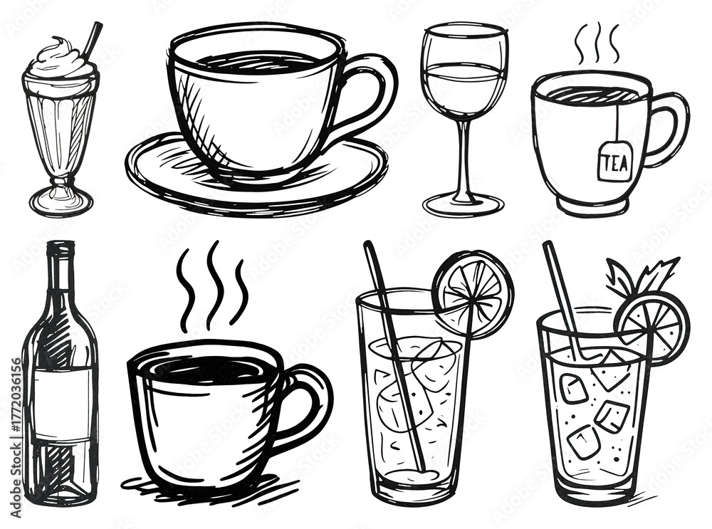 Fototapeta premium PNG Hand-drawn beverage illustration set, element set on transparent background
