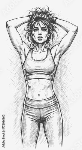 Athletic girl. Black and white line sketch portrait of a beautiful sports woman with messy hairstyle. EPS version.