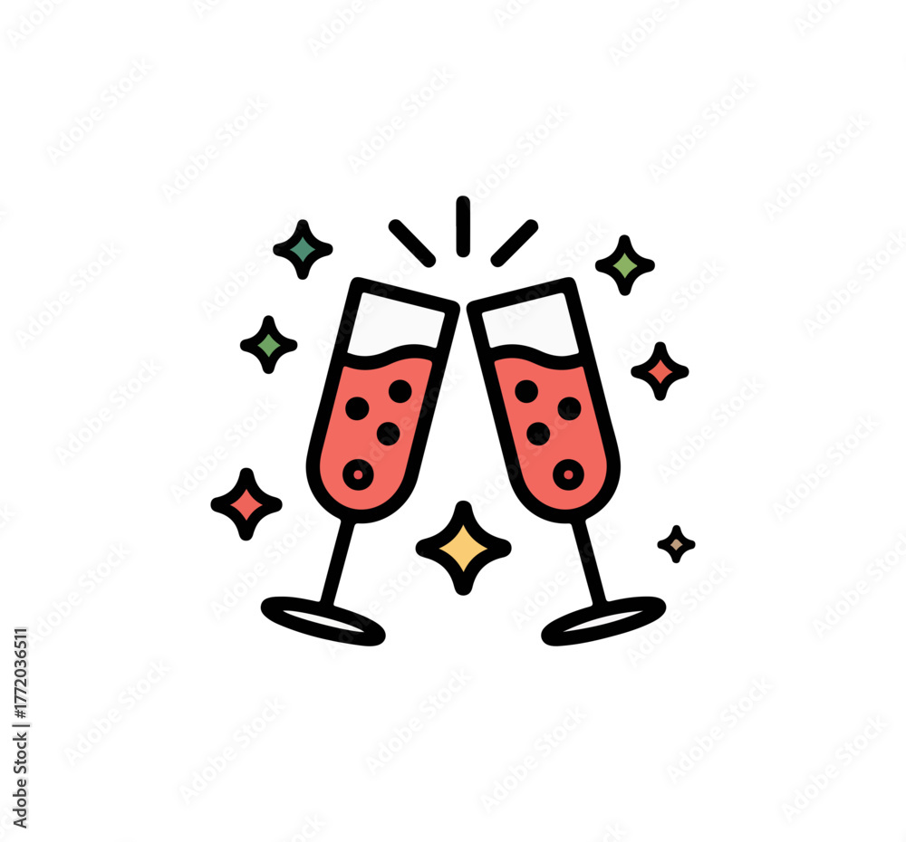 Obraz premium Minimalist illustration of two champagne glasses clinking with bubbles and sparkles