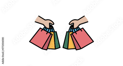 Vector illustration of two hands holding colorful shopping bags on black background
