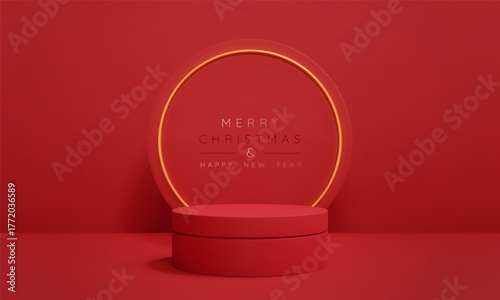Merry Christmas and Chinese Happy New Year background with red podium and gold arch. Abstract studio room. Minimal mockup display with pedestal for product presentation. Realistic vector illustration