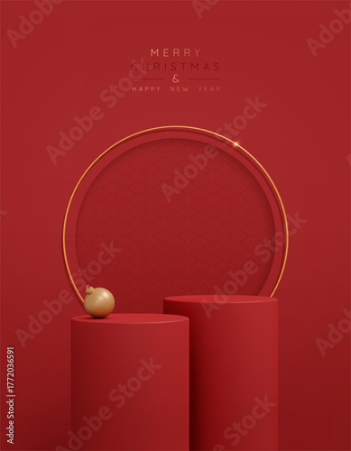 Merry Christmas and Chinese Happy New Year background with red podium and gold arch. Minimal mockup display with pedestal for product presentation. Abstract studio room. Realistic vector illustration