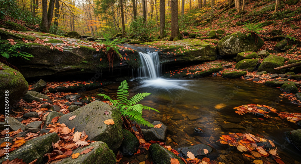 Fototapeta premium A Small Serene Waterfall in a Peaceful Forest Creek, Surrounded by Mossy Stones and Fallen Leaves