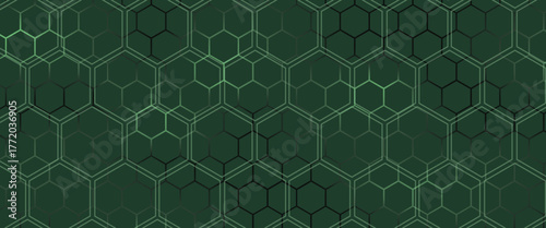 Dark green horizontal hexagonal technology abstract vector background. Green bright energy flashes under hexagon in futuristic modern technology wide banner. Dark tech honeycomb texture grid.