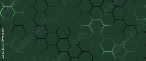 Dark green horizontal hexagonal technology abstract vector background. Green bright energy flashes under hexagon in futuristic modern technology wide banner. Dark tech honeycomb texture grid.