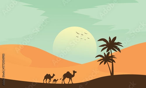 Desert landscape illustration featuring silhouettes of camels in the sand