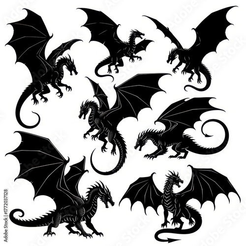 Collection of Black Dragon Silhouettes in Various Poses.