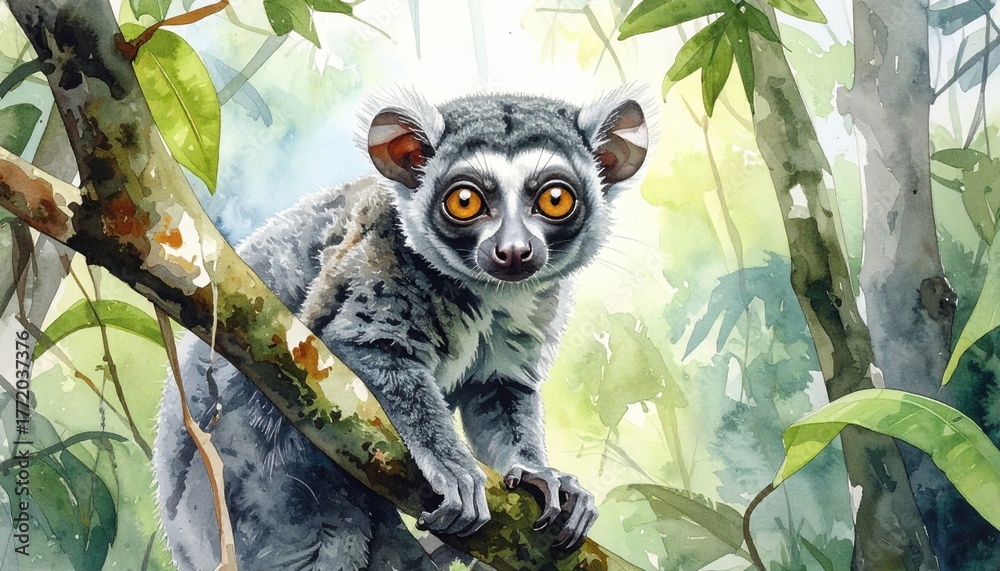 Fototapeta premium Ring-tailed lemur with bright amber eyes on rainforest branch, symbol of Madagascar biodiversity and ecotourism potential, painted with natural soft daylight