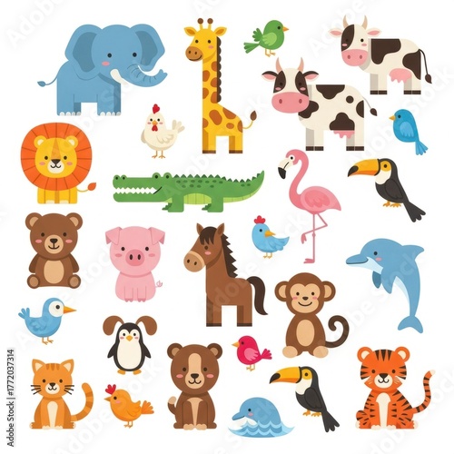 Colorful Cartoon Animal Clipart Collection for Childrens Designs.