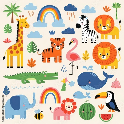 Colorful Cartoon Animals and Nature Elements Illustration for Children.