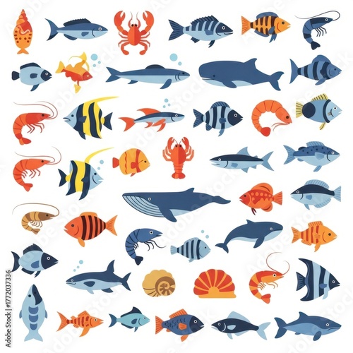Colorful Collection of Marine Life - Fish, Whales, and Crustaceans.
