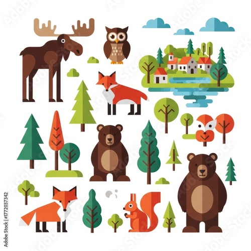 Colorful Forest Animals and Landscape Illustration with Geometric Shapes.